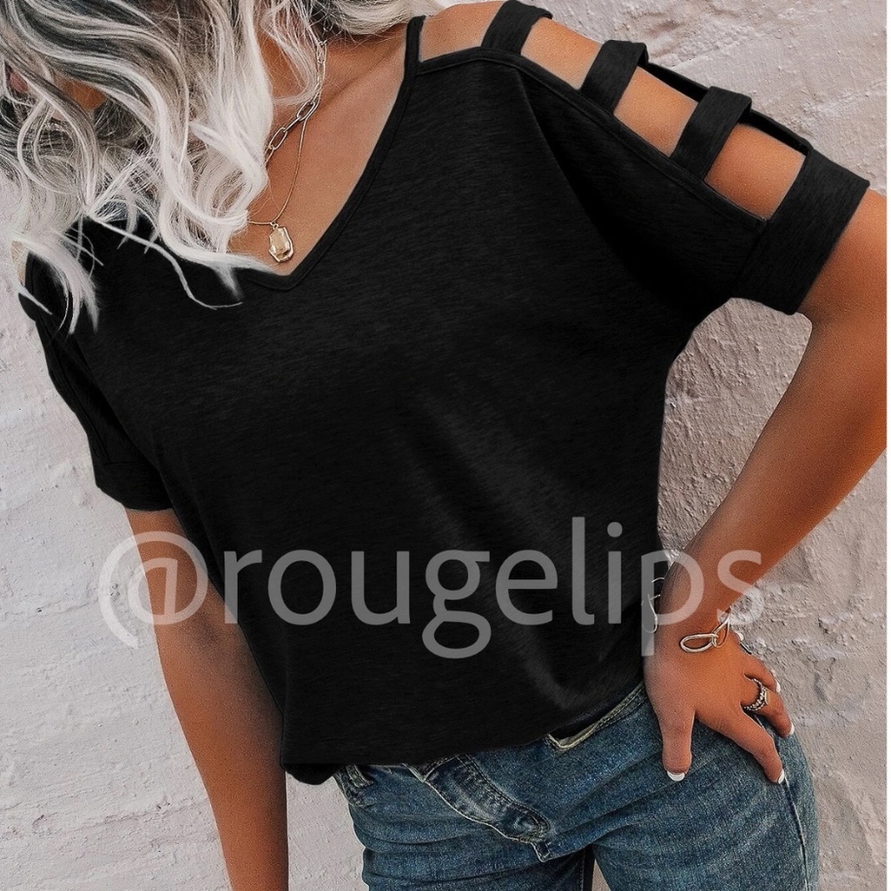Black Casual Tee Shirt Cold Shoulder, Straps Short Sleeve Regular Fit